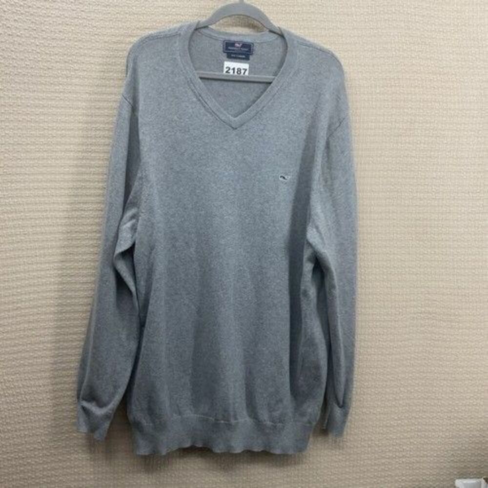 Vineyard Vines Gray Cotton/Cashmere V-Neck Sweater Men Size 2XL Coastal Preppy